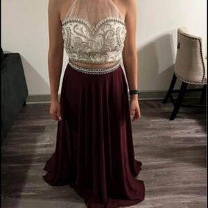 Dave & Johnny Burgundy and Cream Halter Gown